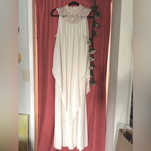Vintage 1970’s draping polyester cream gown crocheted neck